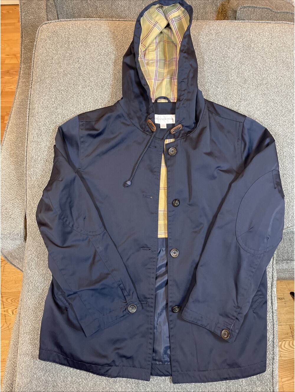 Jones New York Women Rain Jacket XL Blue Hooded Button Up Outerwear